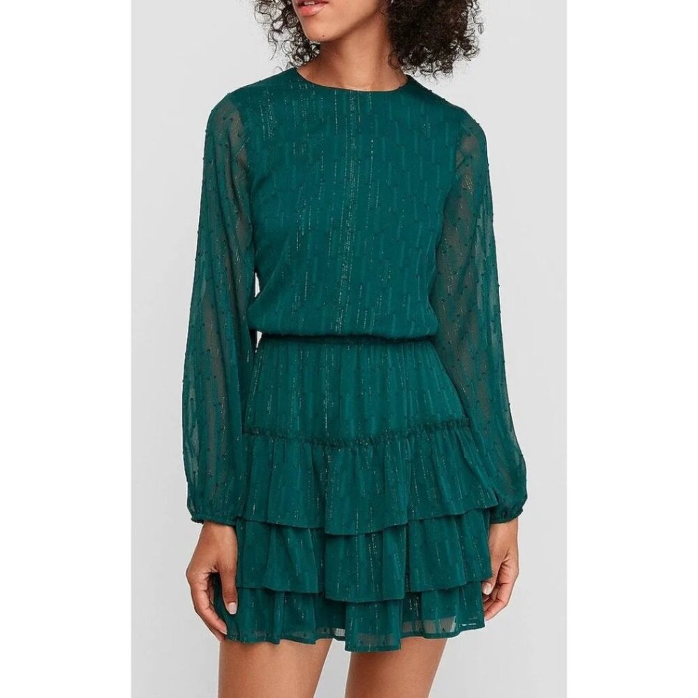 Express Balloon Sleeve Tiered Dress Size Medium 8 Emerald Green Smocked Waist